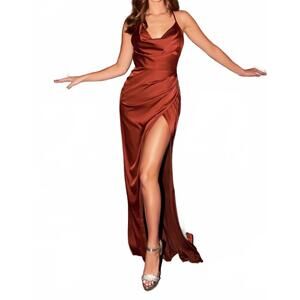 NEW EVA cowl satin fitted gown in sienna